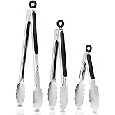 Anaeat Premium Kitchen Locking Tong Set of 3 - Heavy Duty Stainless Steel Food Tongs with Long Handle & Non-Slip Silicone Gri
