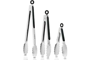 Anaeat Premium Kitchen Locking Tong Set of 3 - Heavy Duty Stainless Steel Food Tongs with Long Handle & Non-Slip Silicone Gri