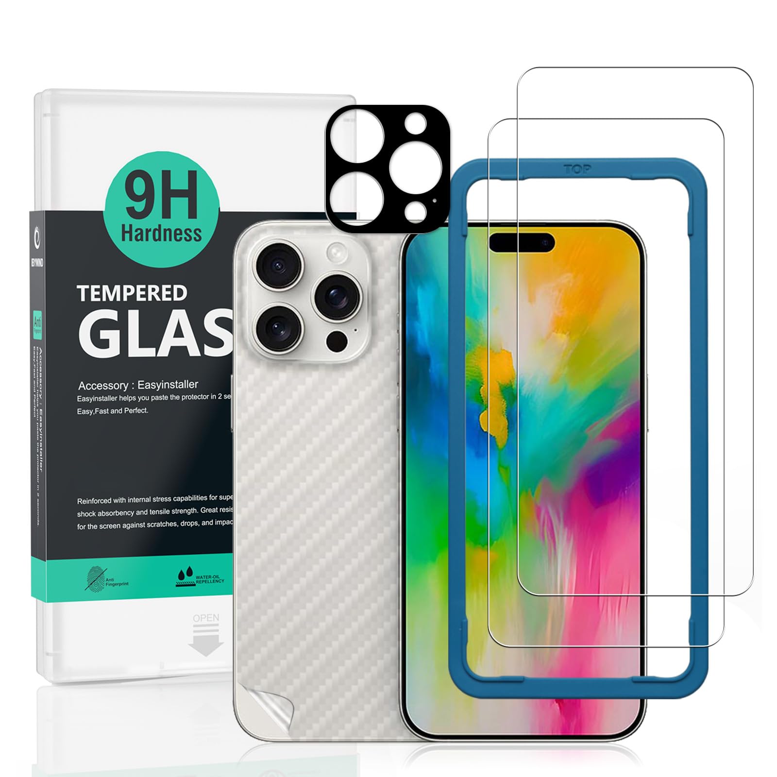 Ibywind 2 Pack Screen Protector Compatible with Apple iPhone 16 Pro 5G 6.3",9H Hardness Tempered Glass,With 1Pc Camera Lens Protector,1Pc Back Carbon Fiber Film,Easy to Install