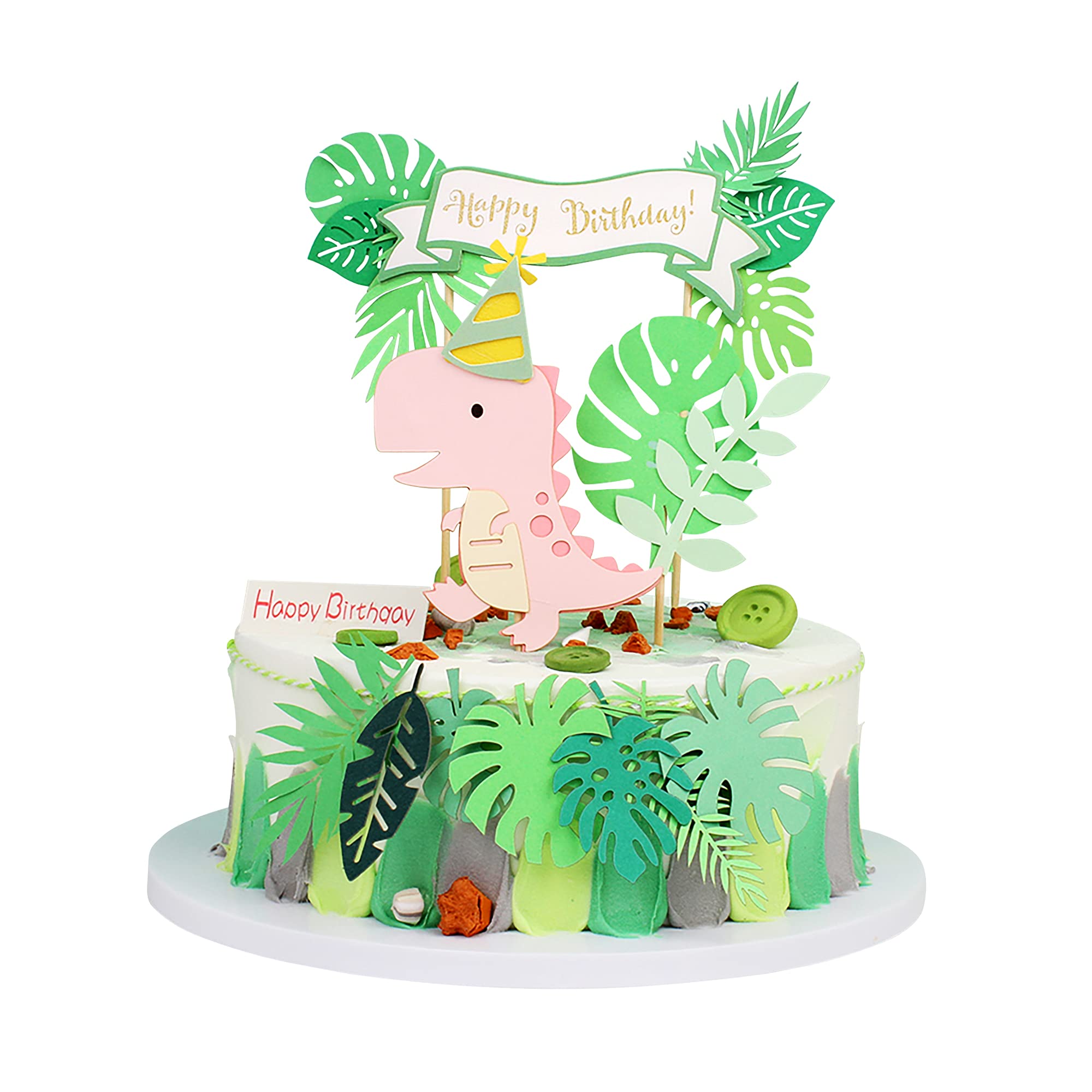 Blumomon Pink Dinosaur Cake Toppers Set - Green Leaf Happy Birthday Banner for Boy & Girl's Dinosaur Theme Party Decoration