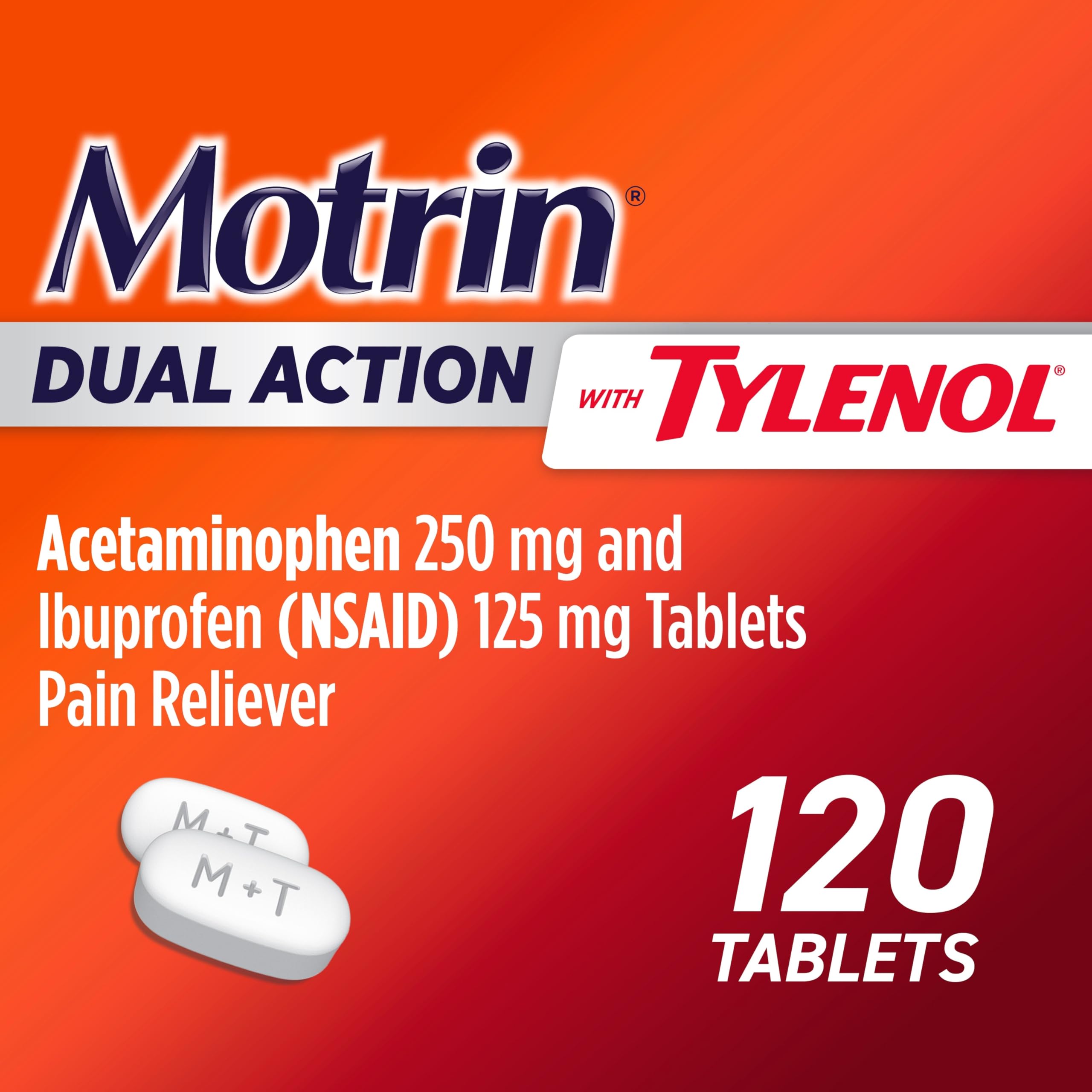 Motrin Dual Action with Tylenol, Ibuprofen & Acetaminophen Fast-Acting Dual Action Pain Reliever for Minor Aches & Pains, Ibuprofen (NSAID) 125 mg & Acetaminophen 250 mg, 120 ct