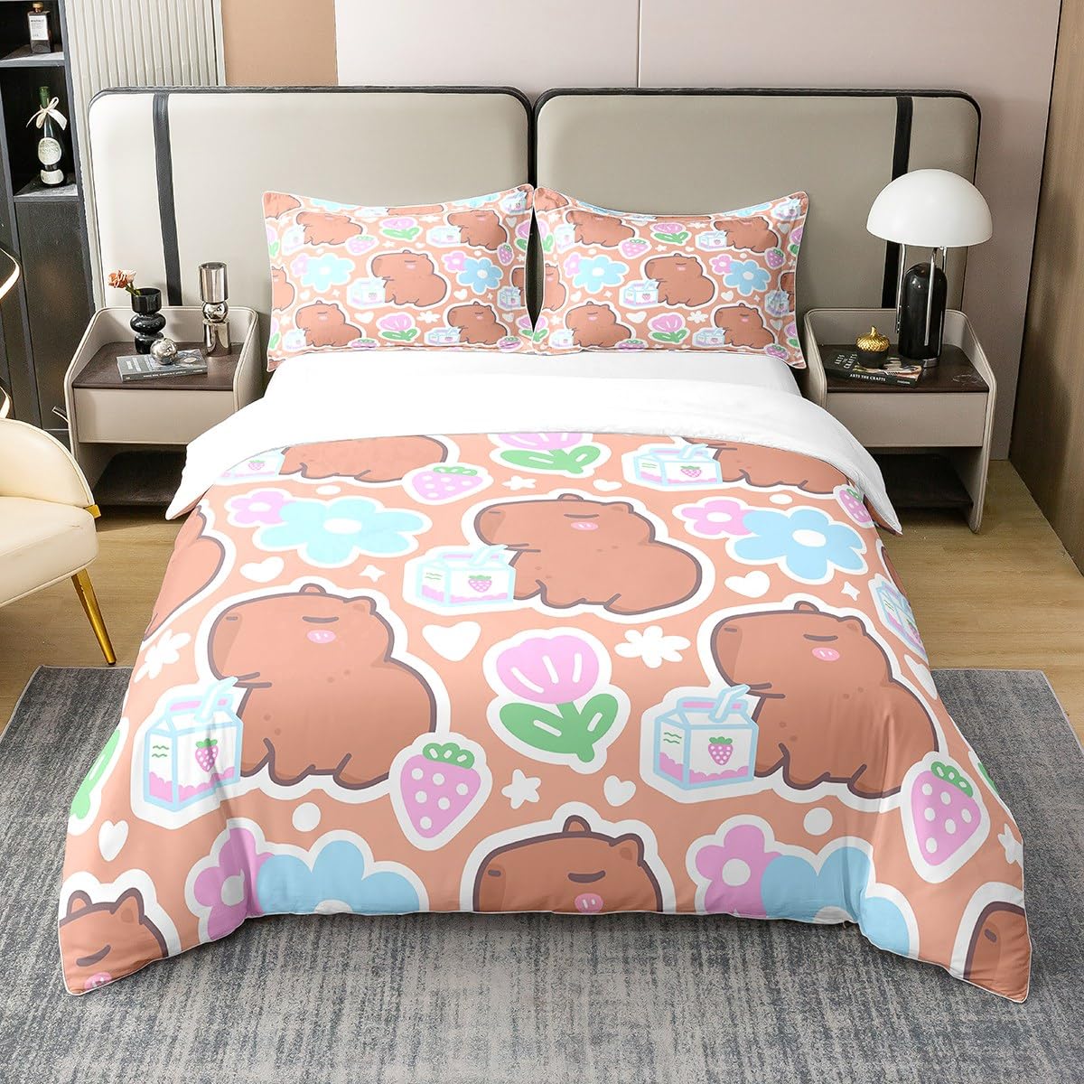 Kids Capybara Comforter Cover Double,Cartoon Brown Capybaras Duvet Cover,Pink Strawberry Milk Bedding Set,Cute Pink and Blue Flowers Soft Breathable Quilt Cover with 2 Pillowcases Zipper