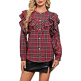 Women Plaid Ruffle Blouse Long Sleeve Button Down Shirt Christmas Tartan Top Casual Holiday Checkered Shirt