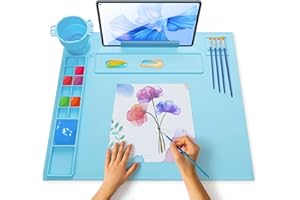 iArtker Silicone Painting Mat with Cup and Palette, 20"×16" Non-Slip Silicone Craft Art Mat with Stand and Lid for Painting, Resin, DIY, Blue