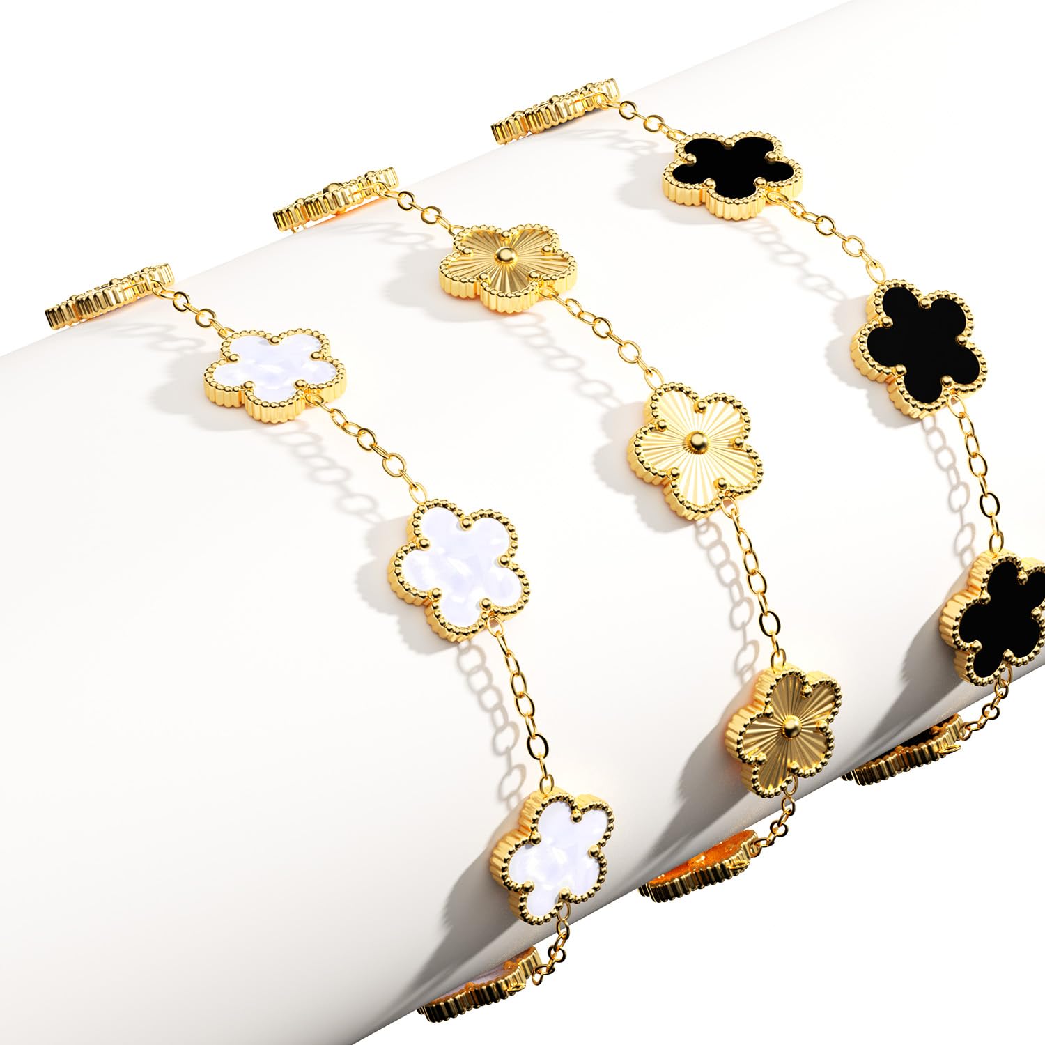 AICase 18K Gold Plated Clover Bracelet Dupes Gold/White/Black Bracelet Set for Women Flower Leaf Lucky Clover Bracelets Trendy Jewelry Birthday Gifts for Women/Mon/Friends