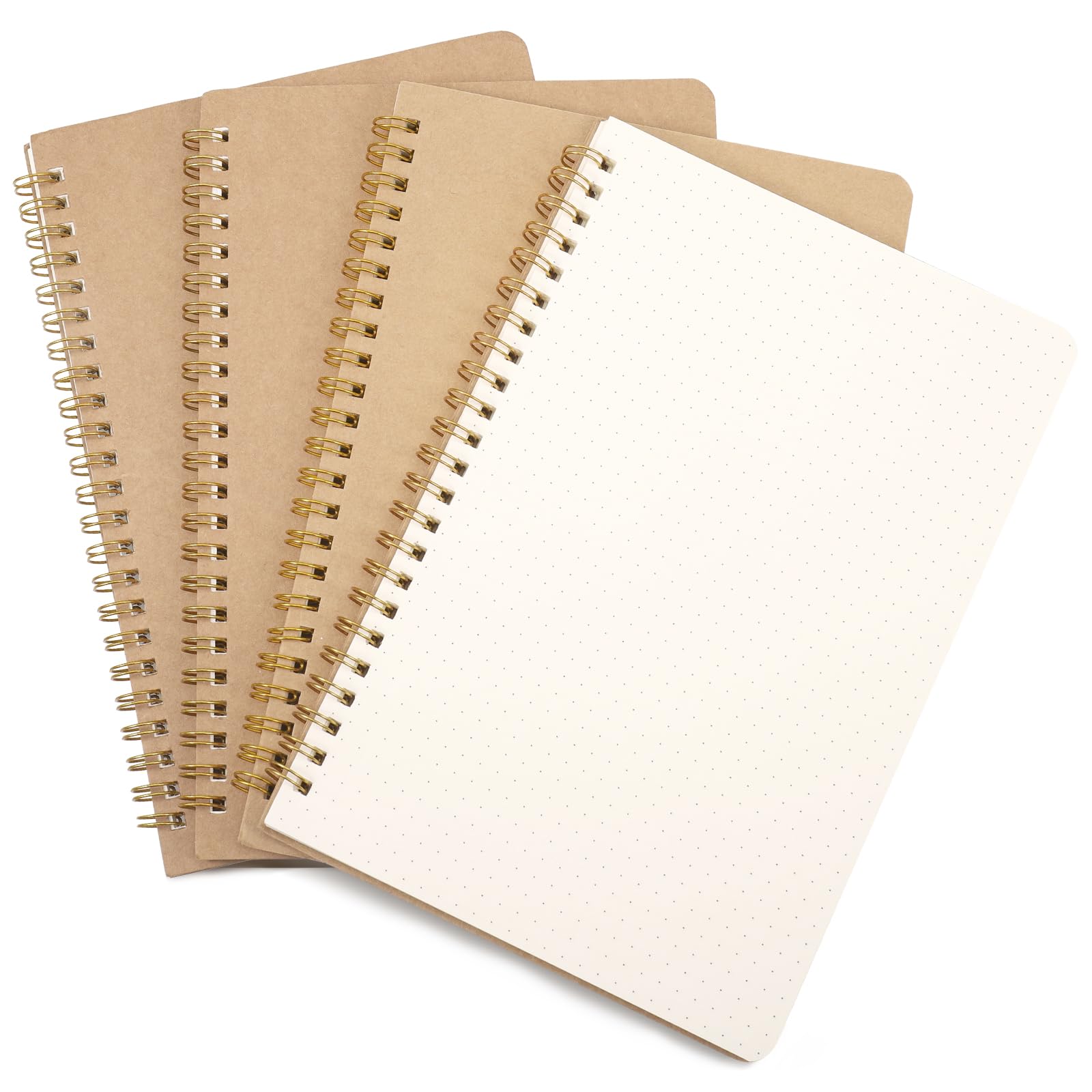 JIANTA Dotted Spiral Binding Notebook A5, 4 Pack Spiral Notepad A5, 100 Pages/50 Sheets Kraft Cover Wirebound Notebooks for Sketching, Diary, Notes, Planning