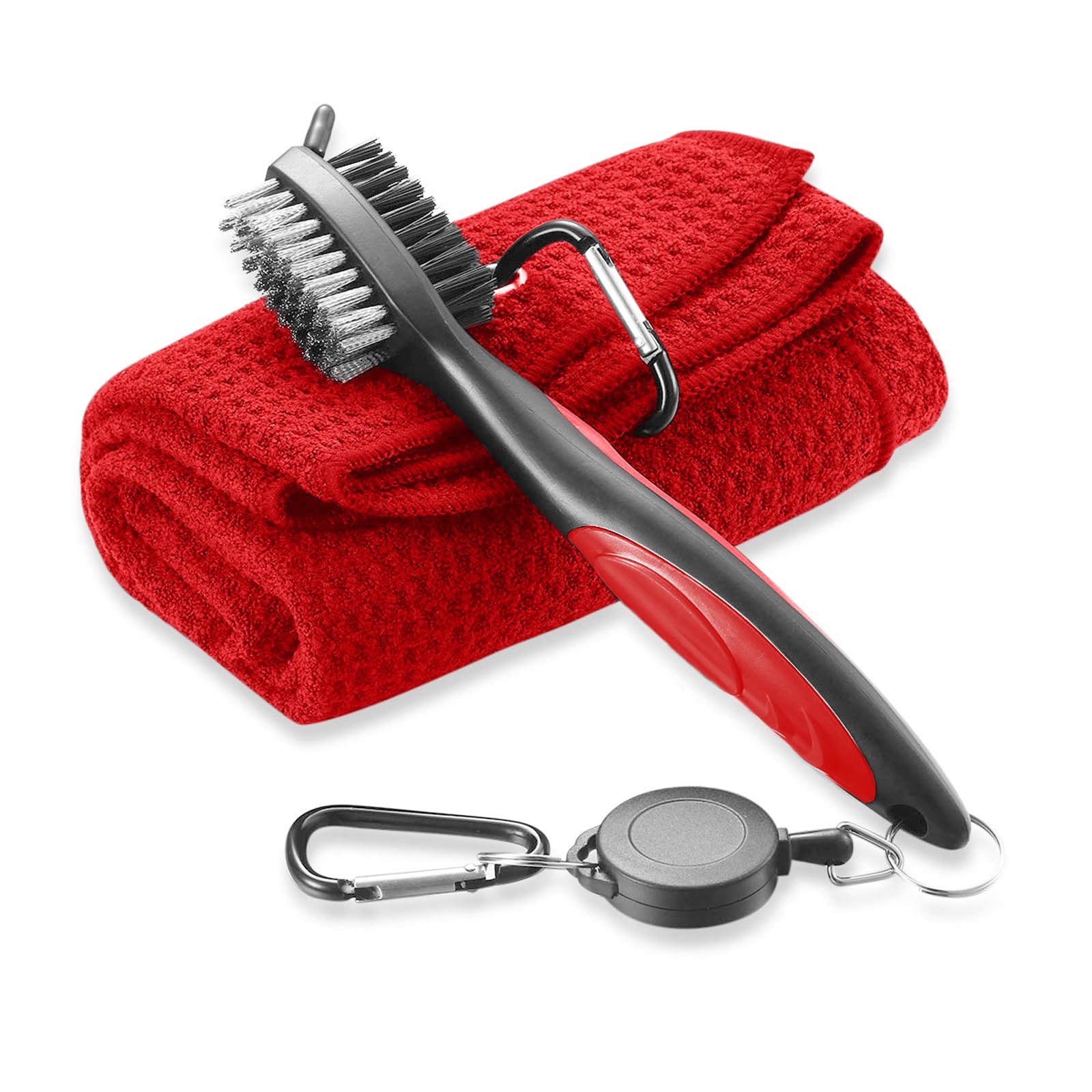 FUZVOL Red Golf Brush and Microfiber Towel Cleaning Kit - Portable with Clip Carabiner, Waffle Pattern Golf Accessories Gift for Men