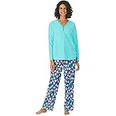 Cuddl Duds Women's 2-Pc. Fleece Long-Sleeve Printed Pajamas Set (Teal Print, X-Large)