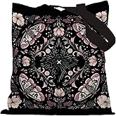YeiHe Dark Gothic Witchy Tote Bag, Mystical Celestial Moth Floral Canvas Tote Bags, Gothic Gifts for Women, Aesthetic Witchcraft Astrology Reusable Grocery Shopping Bags