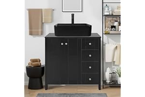 SOLIDEE 32-Inch Black Bathroom Vanity, Traditional Standing Pedestal Cabinet with Square Black Ceramic Sink