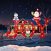 Outdoor Christmas Decorations, Solar Lighted Joy Snowman Reindeer Santa Claus Yard Sign Garden Stakes Xmas Holiday Decor for Patio Lawn Outside