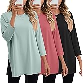 Huukeay 3 Pack Women's Oversized T Shirts Workout 3/4 Sleeve Top Loose Side Split Gym Elbow Crewneck Fall Casual Clothes Tee(Black, Brick Red, Grey Green,Large)