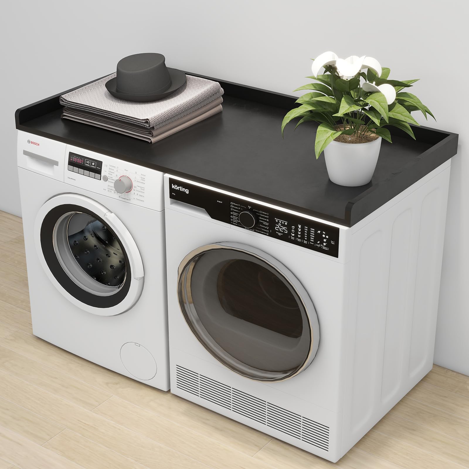 Photo 1 of dooloric Washer Dryer Countertop, Laundry Counter top with Edge Rails Non-Slip Pads,27.6" Depth x 54" Width Wood Topper for Washer Dryer,Laundry Machine Cover for Storage and Organization Black