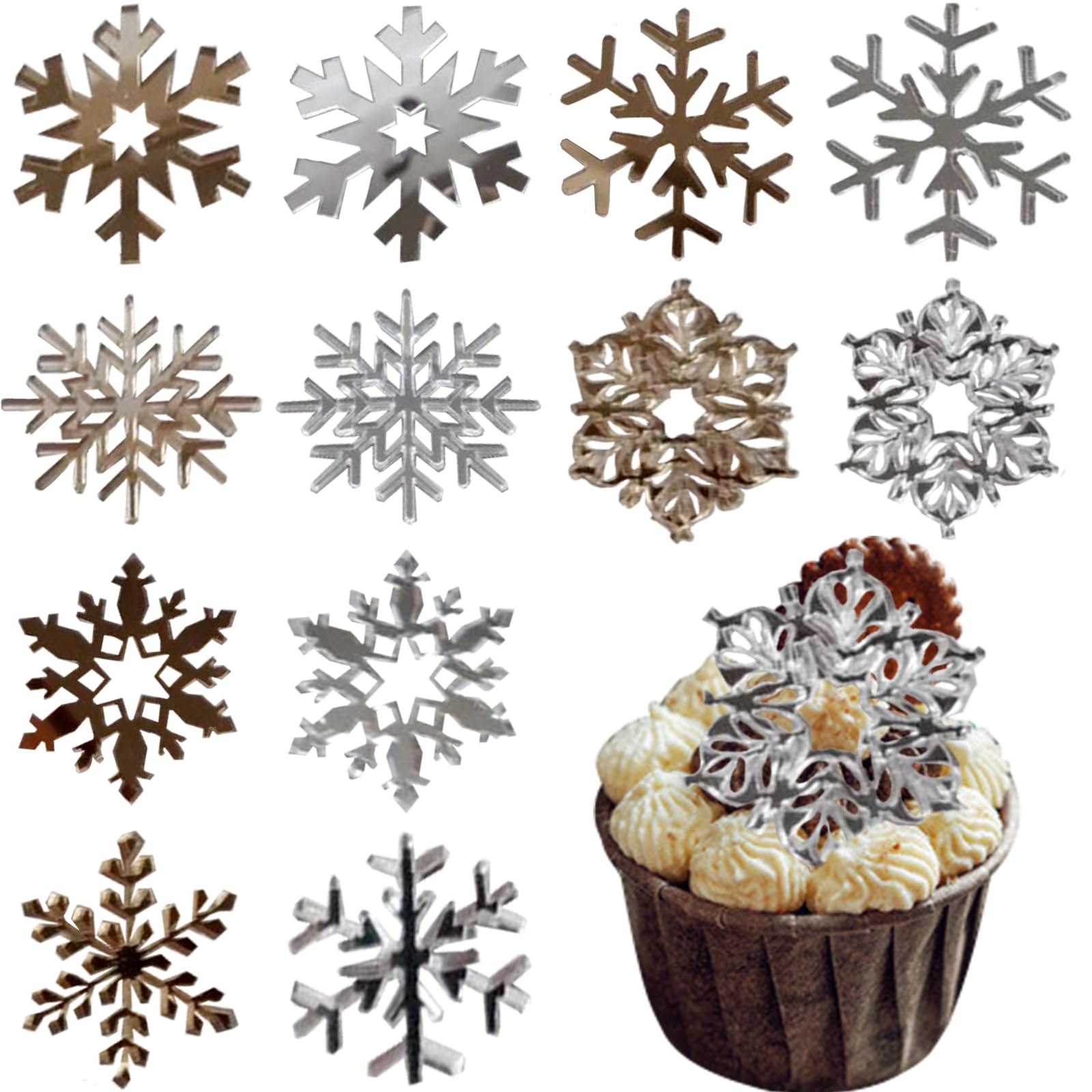 Photo 1 of 12PCS Christmas Snowflake Cake Toppers Gold Silver Acrylic Mirror Cake Decoration for Holiday Party Dessert Decor