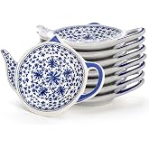 Elsjoy Set of 8 Teapot Shaped Teabag Holders for Used Tea Bag, Ceramic Tea Bag Coaster Porcelain Floral Tea Bag Dish Saucer, Vintage Teaspoon Rest for Tea Party
