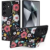 Jefonha Case for Samsung Galaxy S24 Ultra 6.8 inch 2024 Released, Silicone Case with Strap for Women Girls Cute Floral Flowers Adjustable Wristband Kicktand Cover for S24 Ultra, Black Blossom