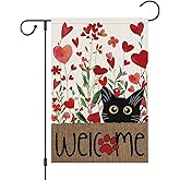 Wodison Valentines Day Garden Flag 12x18 Inch Double Sided Outside, Black Cat Love Hearts Flower Small Burlap Welcome Yard Outdoor Flag