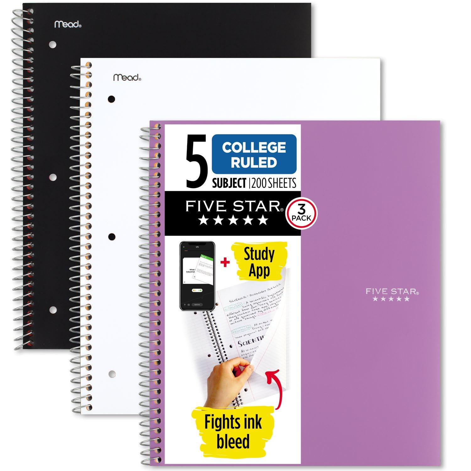 Five Star Spiral Notebooks Plus Study App, 3 Pack, 5 Subject, College Ruled Paper, 200 Sheets, 11" x 8-1/2", School, Wired, Assorted Colors (38500)