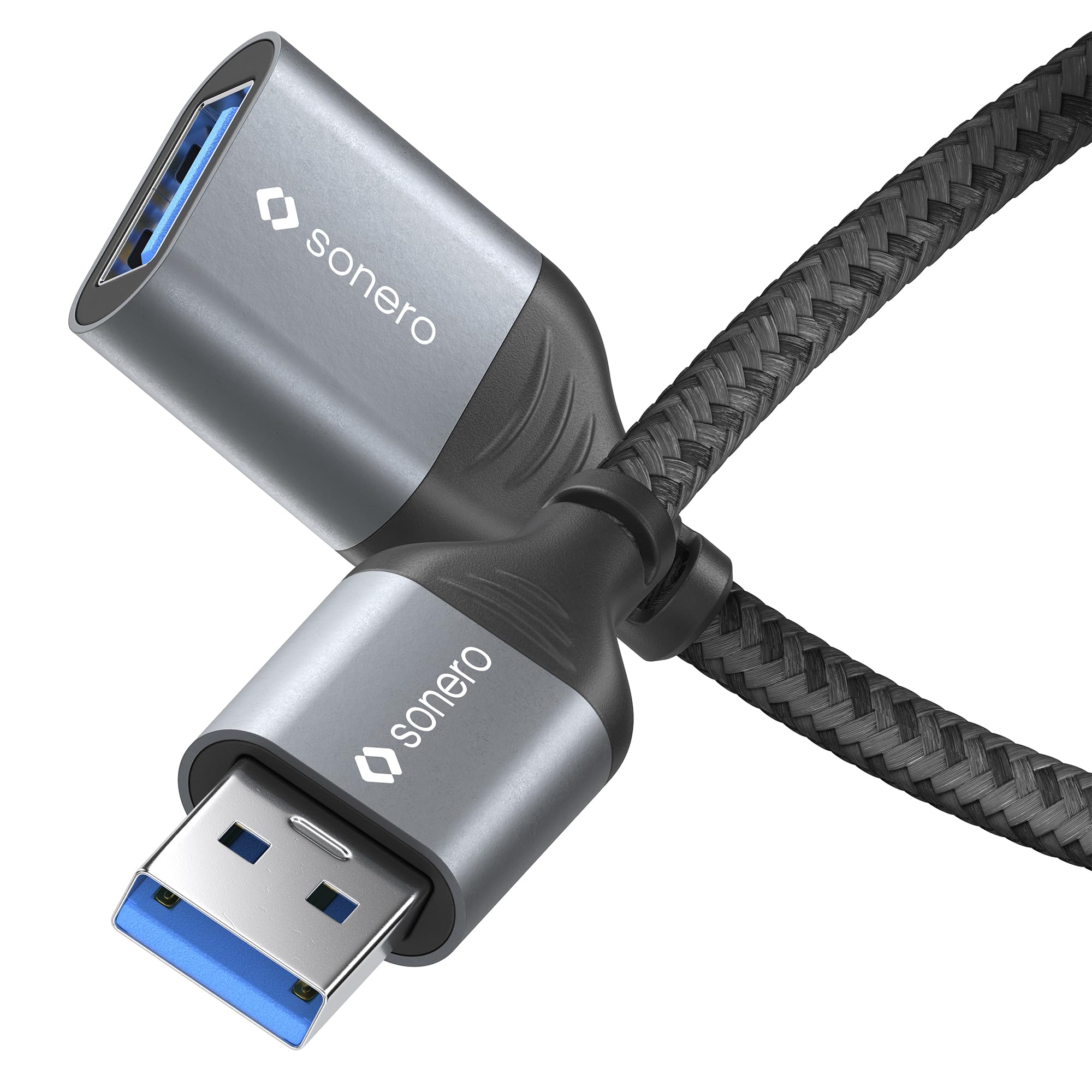 Sonero® USB-A to USB-A Data Cable, Extension Cable, USB Cable Type A, USB 3.0, 5GB/s, Space Grey/Black, 3.00 m