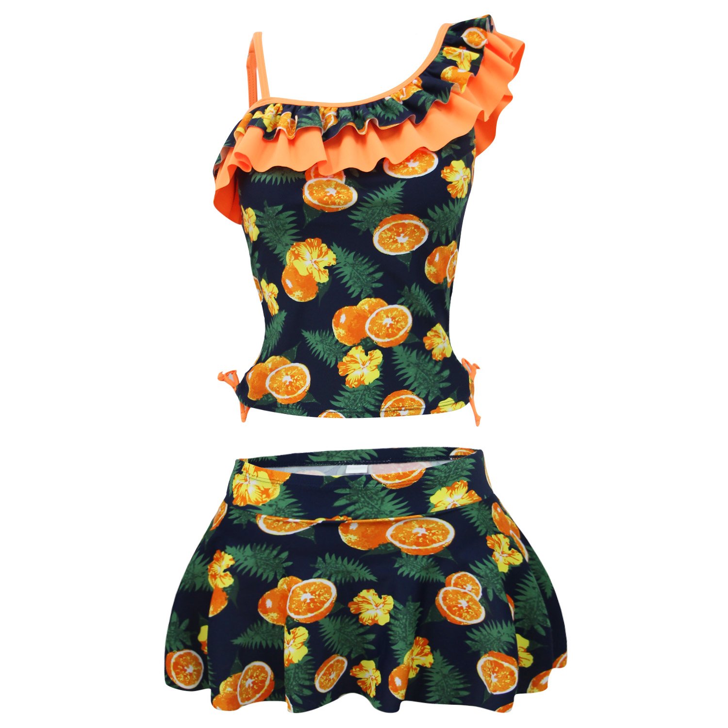 KALAWALK Girls Bright Lemon Double Ruffle One Shoulder Adjustable Swimwear Fashionable Two Piece Tankini