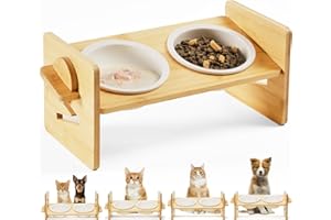 Smartoo Ceramic Elevated Cat Bowls - 15 Raised Bowl for Indoor Cats & Small Dogs, Natural Bamboo, Anti Vomiting, Dishwasher Safe