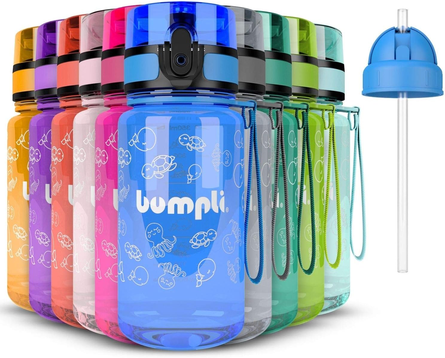 bumpli ® Kinder Trinkflasche mit Gratis Strohhalmdeckel - 350ml - Auslaufsicher, BPA-Frei - Kinderflasche für Kindergarten, Schule, Ausflüge - besonders leicht und robust