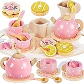 BUYGER Kids Wooden Tea Party Set for Little Girls Toddler Pretend Play Food Kitchen Accessories Princess Birthday Gifts for Ages 3 4 5 Years Old