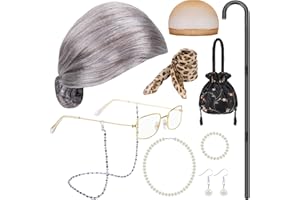 Dreamtop 10 Pcs Old Lady Wig, Old Lady Costume for Girls, Grandma Wig Costume with Glasses Walking Cane Necklace Earring Scarf Tote Bag Granny Wigs for Kids Adult for Halloween Masquerade Party