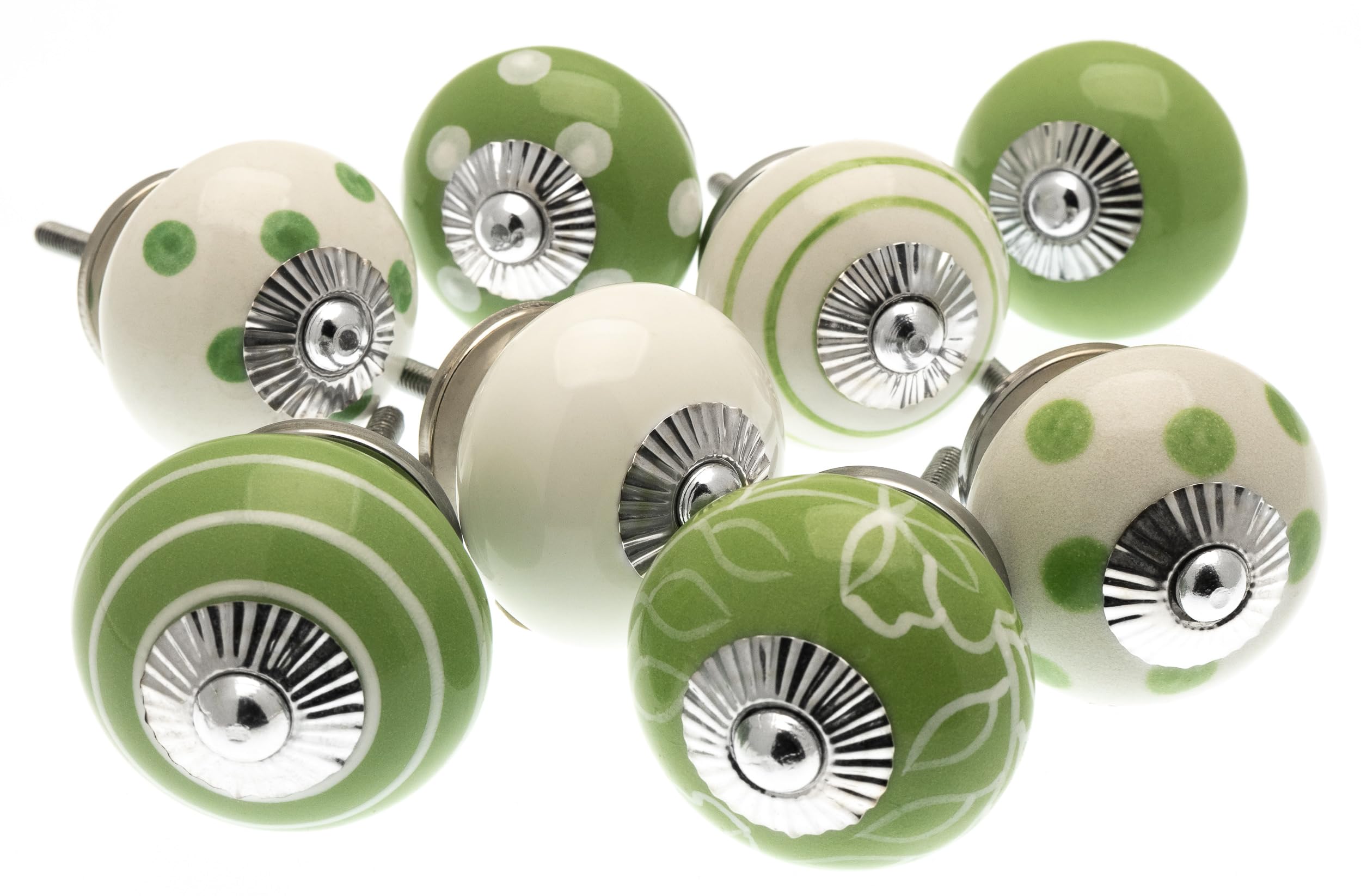 Mango Tree Cupboard Knobs - Decorative Green and White with Dots, Spots, Stripes and Patterns Ceramic Door and Drawer Handles – Vintage Home Décor Set of 8