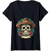 Womens Flowers Cinco De mayo Mexican Sugar Skull Dia de Los Muertos V-Neck T-Shirt