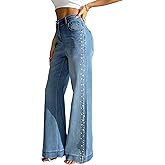 heipeiwa Women's Pearl Rhinestone Jeans Wide Leg Baggy Denim Pants High Waist Sparkle Shiny Sequin Trouser