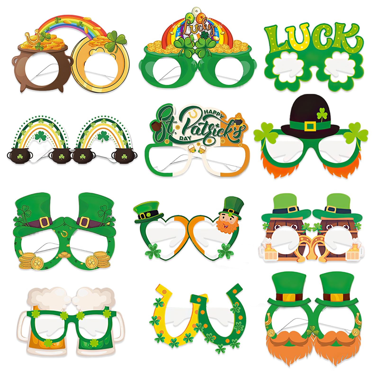 CYMYGS 12 Pieces St. Patricks Day Glasses, Funny Paper Glasses, Green Lucky Irish Shamrock Leprechaun Paper Glasses, Green Dress up Favors Accessories St Patricks Day Selfie Props for Kids Adults