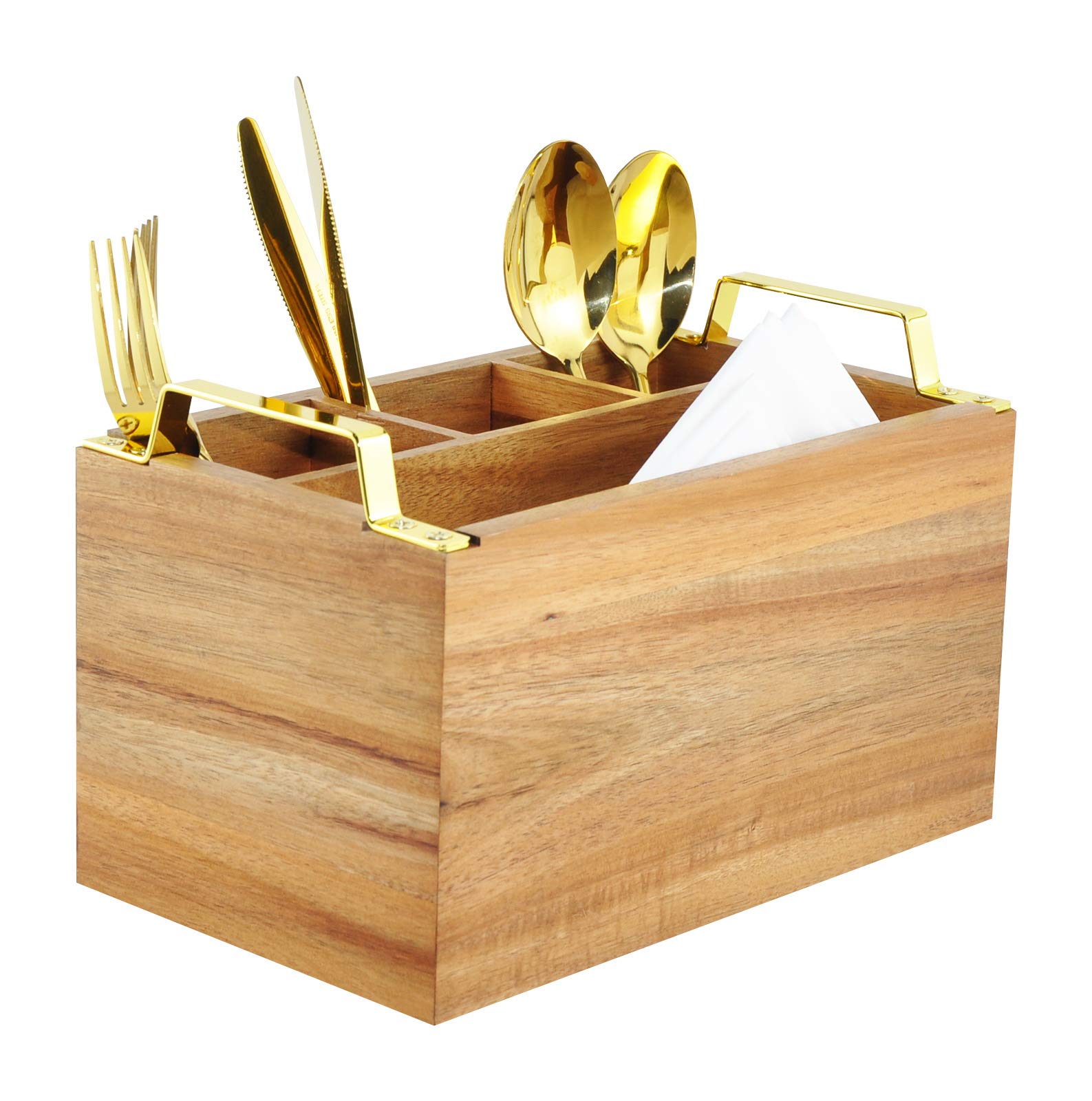 Spiretro Acacia Wood Flatware Caddy - 4 Compartment Silverware Utensil Holder with Golden Metal Handles - 10" W x 6" D x 6.5" H, 2 lbs
