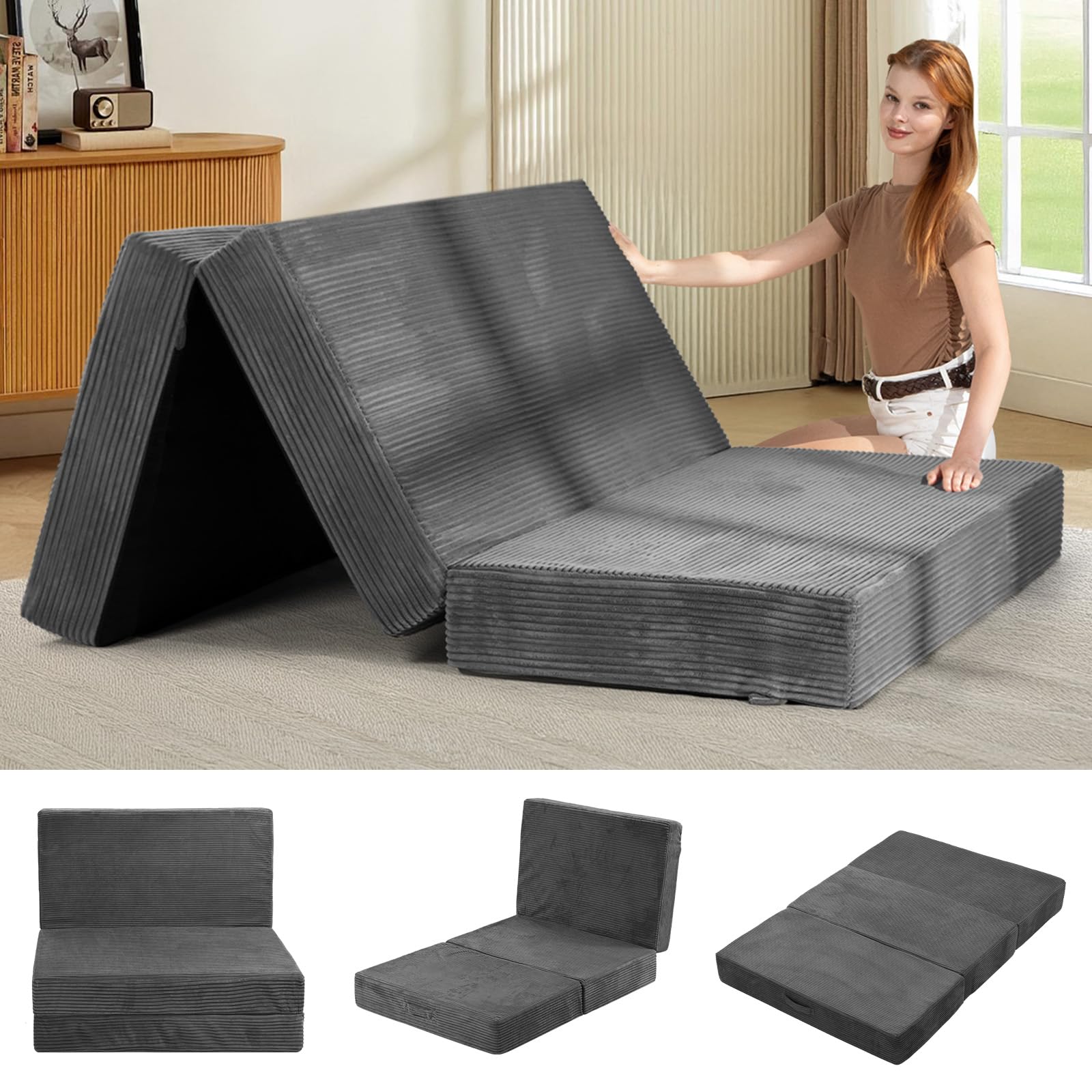 Photo 1 of ****Stock photo for reference *****6-Inch Tri-Fold Mattress twin  - Foldable Futon Sofa Bed with Removable Washable Cover, Folding Memory Foam Futon Mattress | Non-Slip Bottom & Carry Handles for Guest, Camping, Dorm 6 pack 