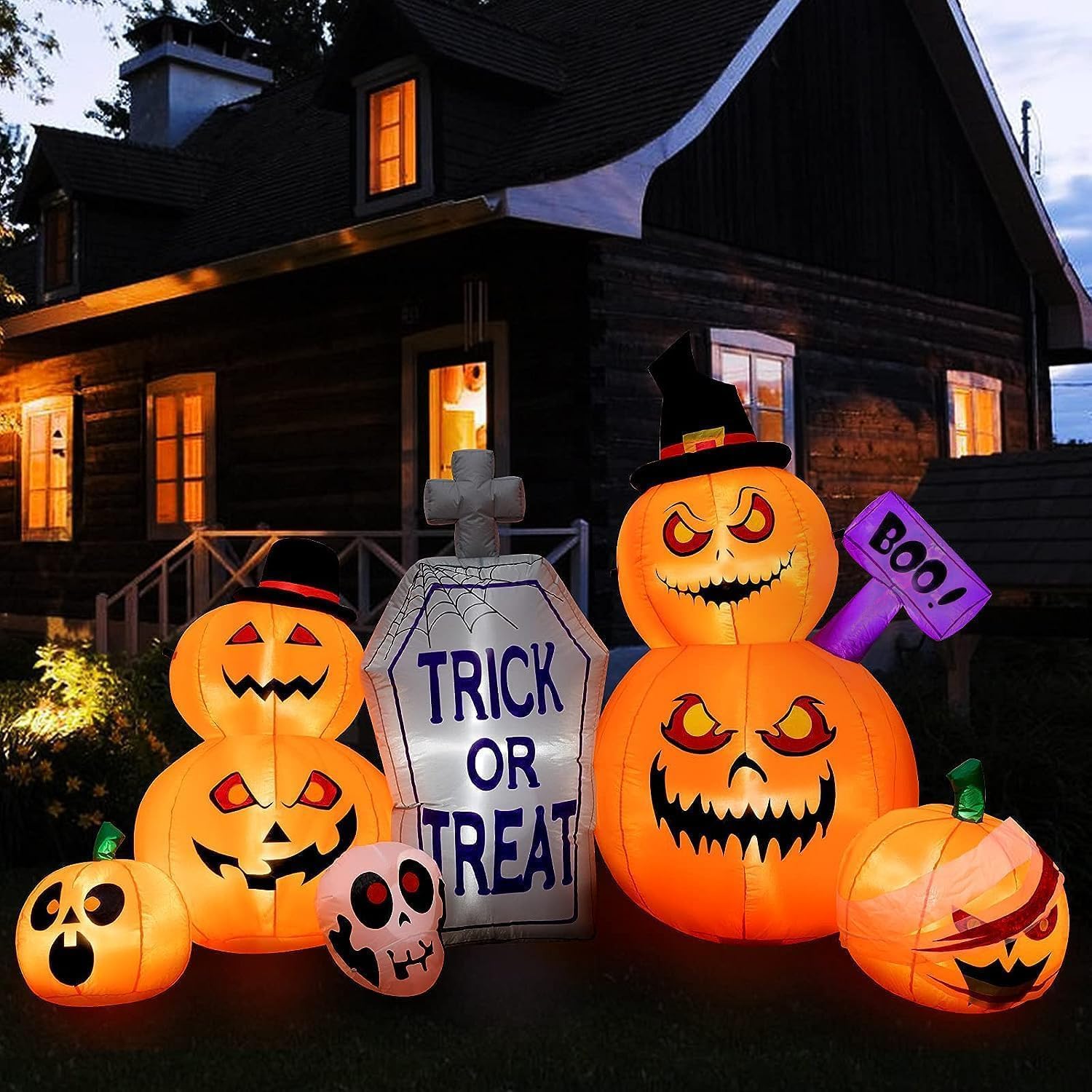Photo 1 of HBlife 8 FT Halloween Inflatables Outdoor Decorations Pumpkin, Animated Gray Tombstone Blow Up Pumpkin with Build-in LEDs, Inflatables Decoration for Front Yard, Porch