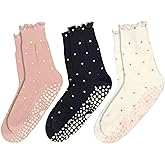 ERMO NKES Cozy Non Slip Yoga Socks for Women – 3 Pairs Grip Pilates Barre Socks with Folded Cuff, Warm Crew Style
