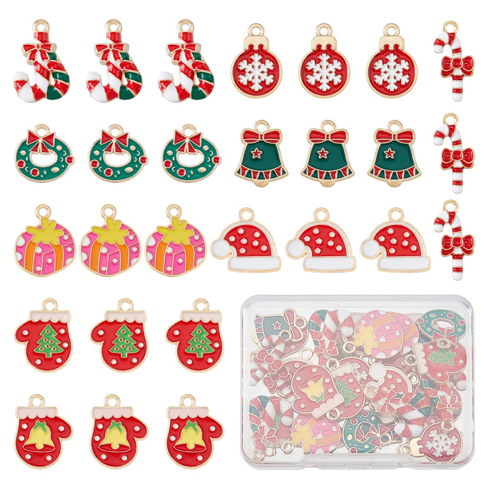 SUPERFINDINGS 36Pcs 9 Styles Christmas Theme Charms Cute Alloy Enamel Gold Plated Enamel Xmas Pendant Christmas Hat Snowflake Pom Woolen Hat Christmas Holly Wreath Cane Candy Charms for DIY Jewelry