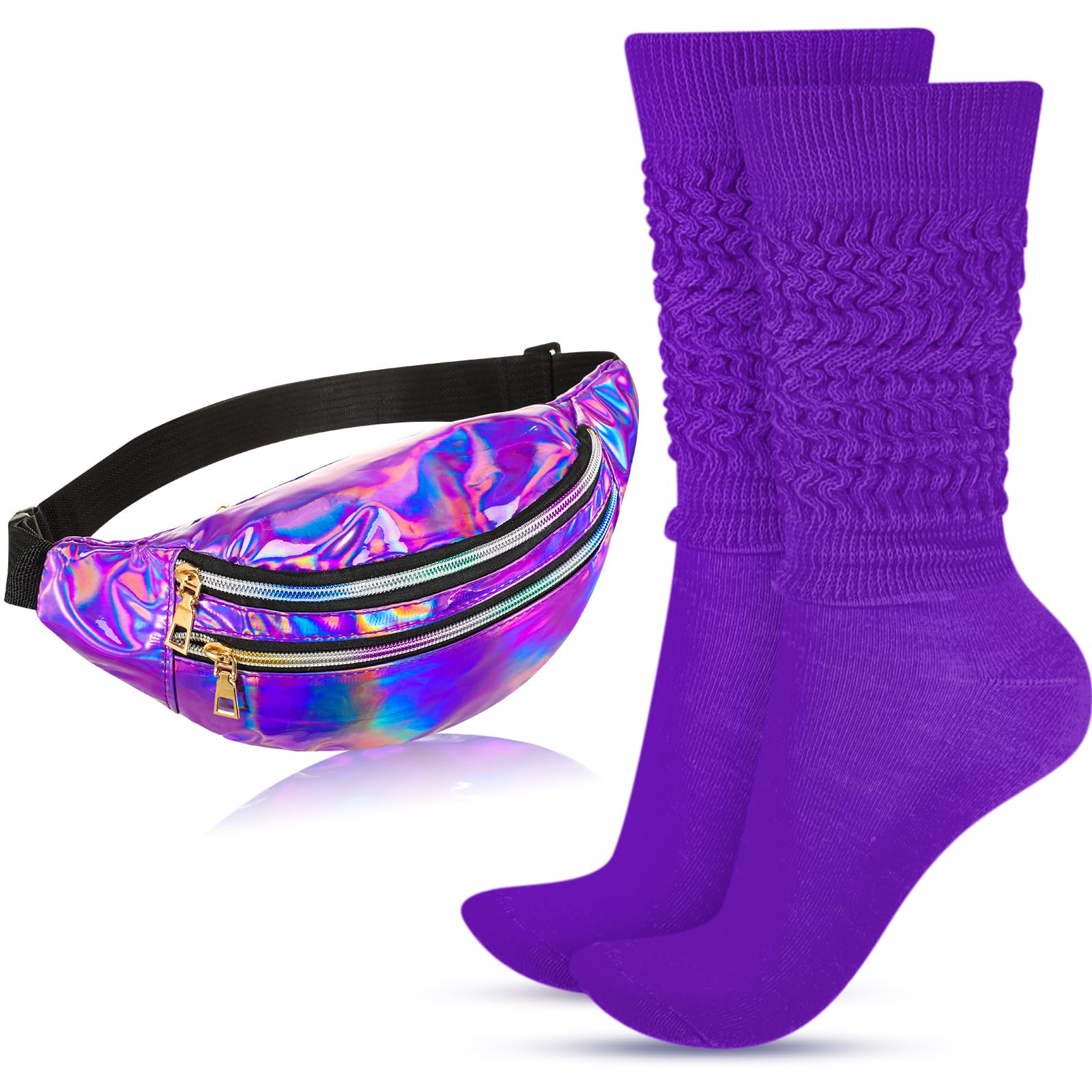 Photo 1 of Tarpop 80s Neon Women Socks Holographic Fanny Pack Slouch Long Scrunch Sock Waist Bag for 80s 90s Halloween Costume(Purple)
