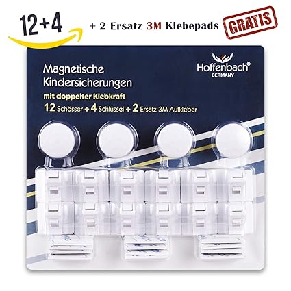 Hoffenbach Kindersicherung Schrank (12+4) magnetische Schranksicherung mit doppelter Klebekraft, Baby Schubladenschloss (12)