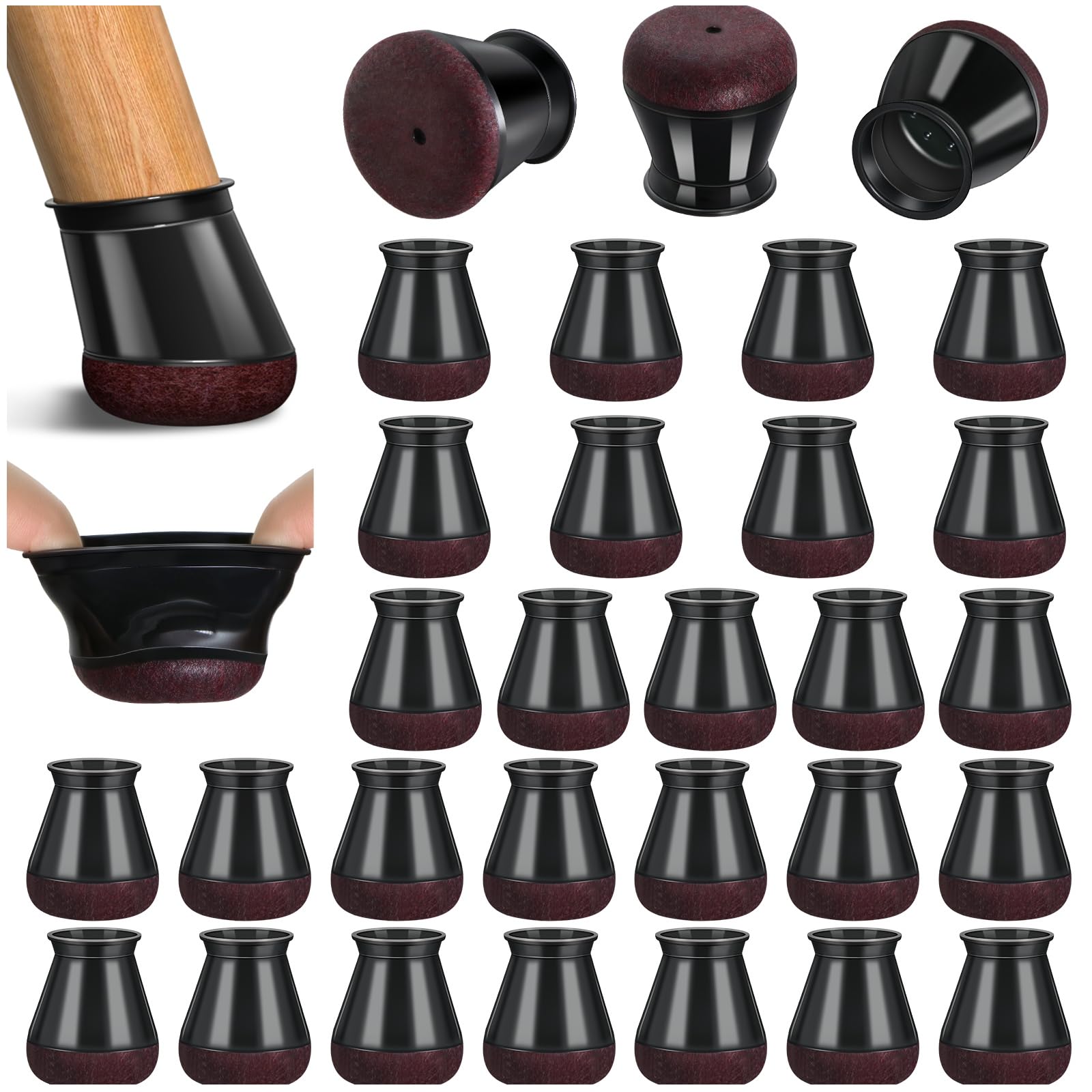32 Pcs Chair Leg Floor Protectors, Small Black Silicone Chair Leg Covers Caps for Hardwood Floors with Wrapped Felt, Furniture Feet Protectors Pads (Fit:15-20mm)