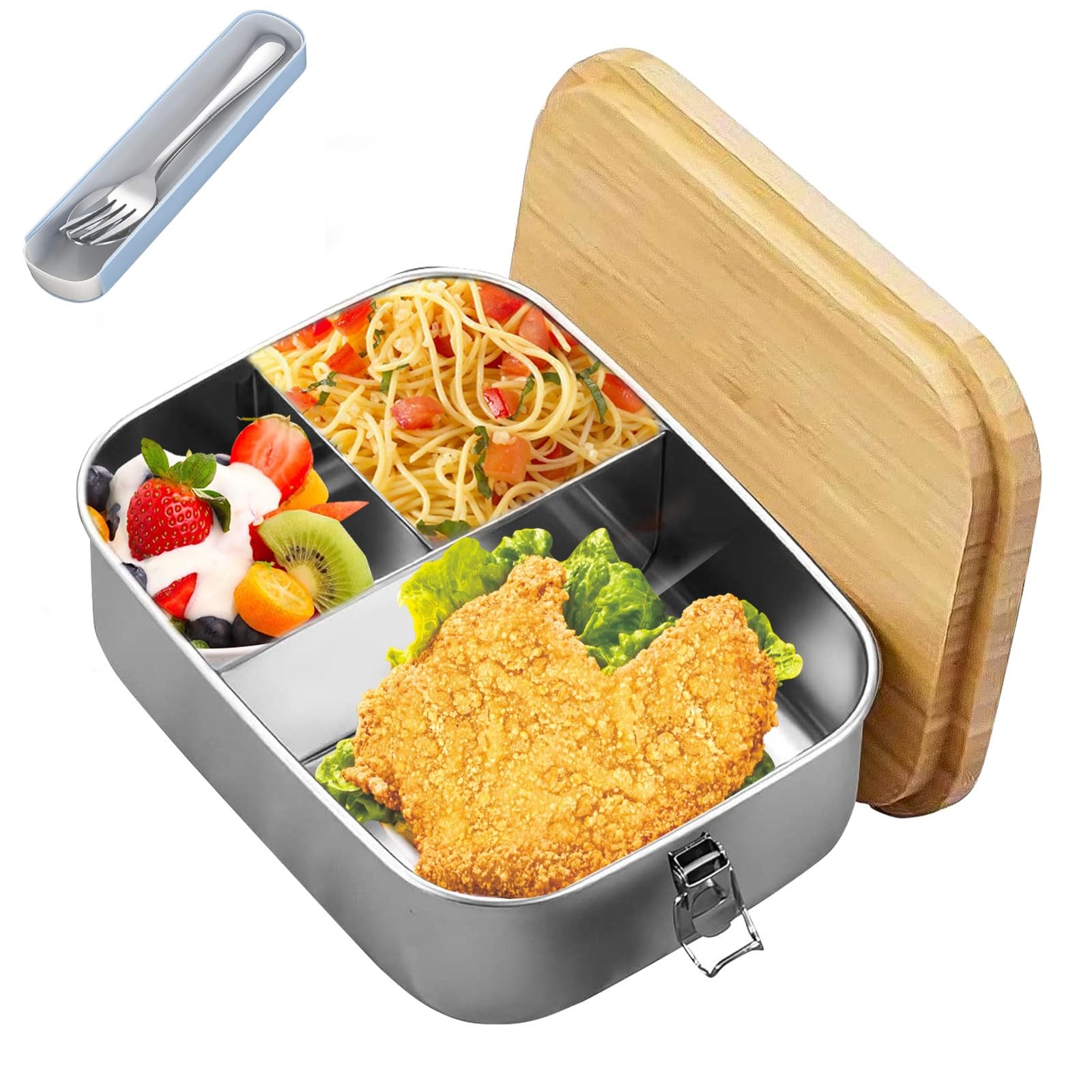 1200Ml Lunch Box Stainless Steel, Bento Box Metal With Wooden Lid Lunch Container, Bento Lunchbox Adult 3 Compartment Sandwich Box Metal With Cutlery Fork & Spoon Suitable For School, Work, Picnic