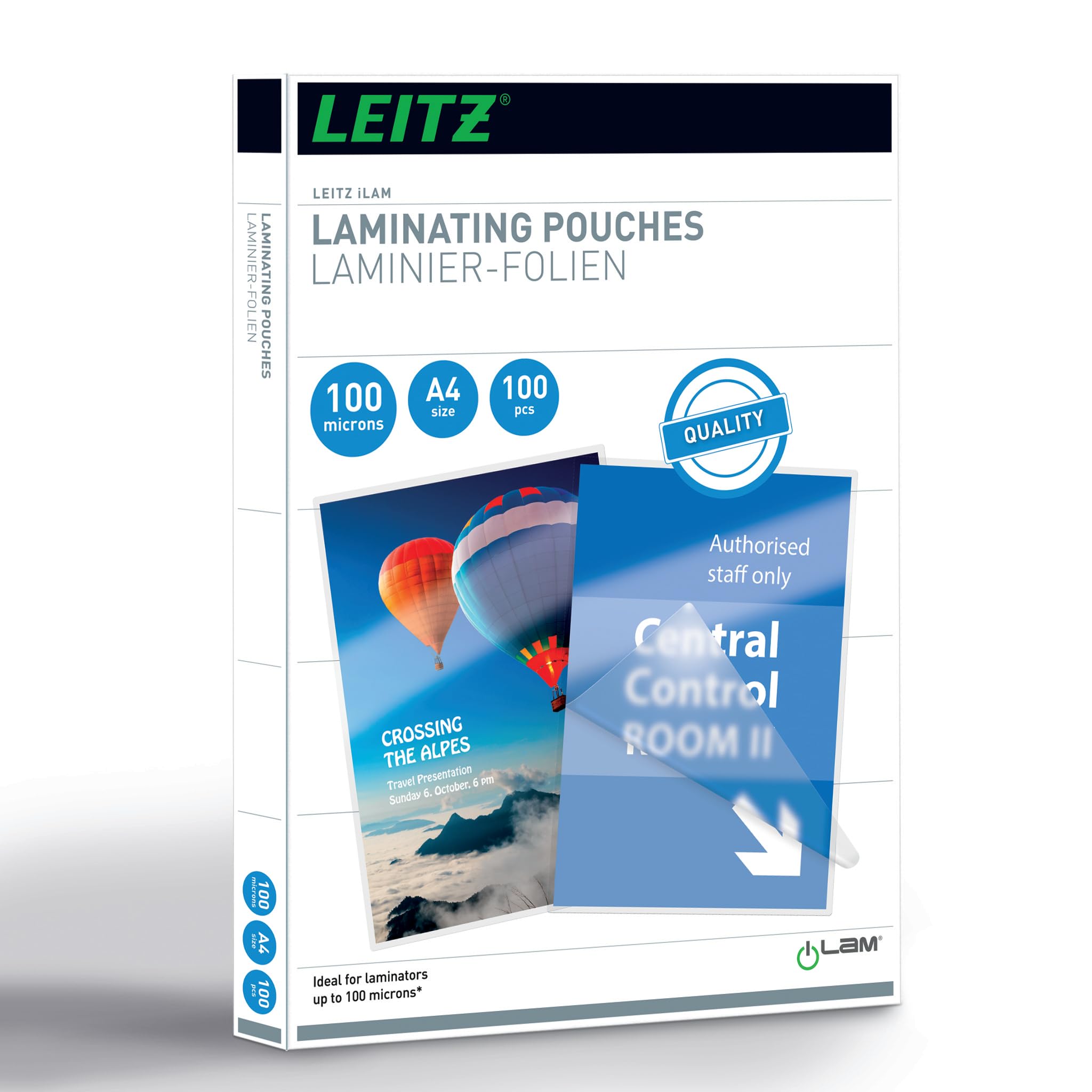 Leitz hot lamination pouches, A4, 100 pack, glossy, transparent, film thickness 100 mic, 33826