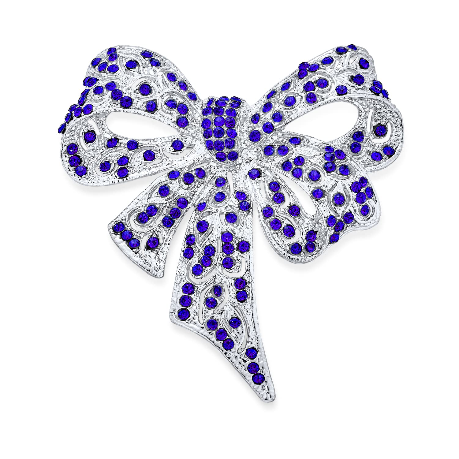 Bling Jewelry Winter Wedding Holiday Aqua Glittering Crystal Bridal Fashion Large Statement Filigree Royal Blue Ribbon Bow Scarf Brooch Pin for Women Silver Plated, One Size, (DSH-BT3096-SP)