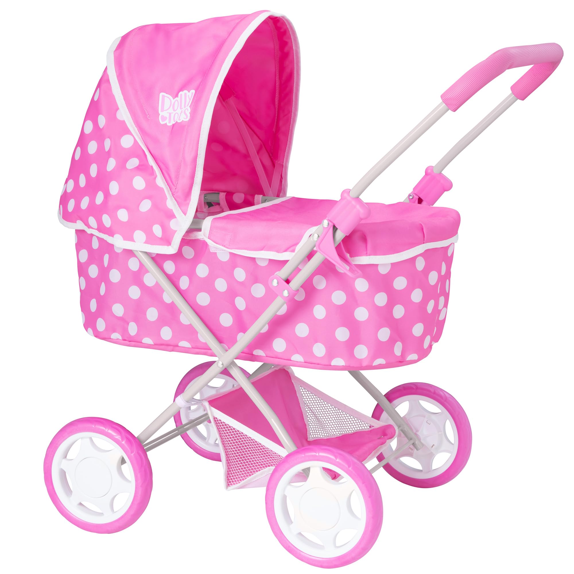 Dolly Tots Baby Pram | Pink & White Polka Dot Printed Pushchair | Kids Travel System With Adjustable Hood & Under Seat Storage | Pushchair & Pram Toys For Kids Boys & Girls Ages 3+