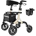 MAXWALK Walkers for Seniors, Rollator Walker with Seat, 10" Rubber Wheels All Terrain Rollator Walker with Backrest, Aluminum Walkers Built-in Cable, Foldable and Adjustable Height for Seniors, Beige