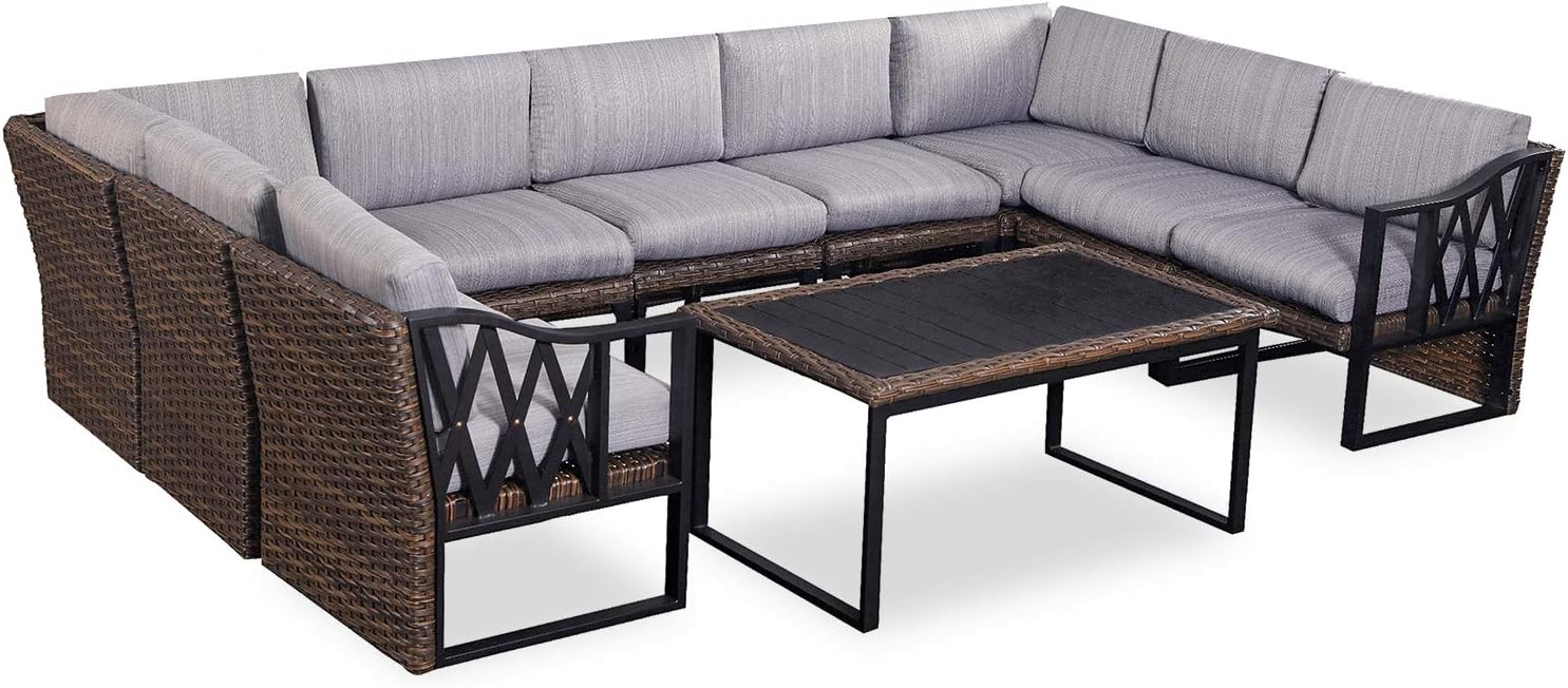 Amazon Com Patiofestival Patio Conversation Set 10 Pieces Outdoor Wicker Furniture Sofa Sets With Thick Cushions Grey Garden Outdoor