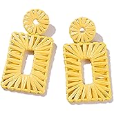 Statement Raffia Earrings Boho Square Drop Earrings Geometric Dangle Earrings for Women Gift Jewelry