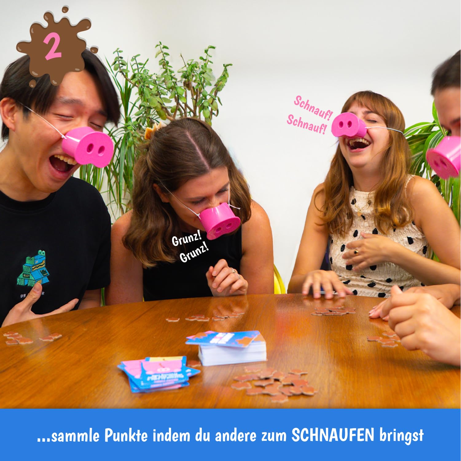 Lucky Egg Snort Funny - Partyspiele Für Erwachsene und Kinder - Wer Lacht, Hat Verloren – Familienspiele Mit 150 Challenge Cards, 5 Pig Snout – Lustige Spiele Für Freunde - 4–8 Spieler - Ab 8 Jahren 6