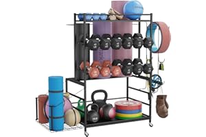 Cofiyard 700LBS Dumbbell Rack,5 Tier Weight Rack for Dumbbells,Home Gym Storage Rack for Dumbbells Kettlebells Yoga Mat and Foam Roller, All in One Heavy Duty Weight Organizer with Wheels and Hooks