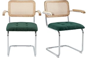 Farini Kitchen Dining Chairs Set of 2 with Armrest,Mid-Century Modern Chair Mesh Backrest Cane Rattan Chairs for Home Dining Room(Green,Teddy Velvet)